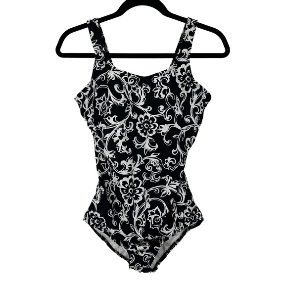 Lands' End Black White Floral One Piece Swimsuit Women's‎ Size 10 Mastectomy - Picture 1 of 7